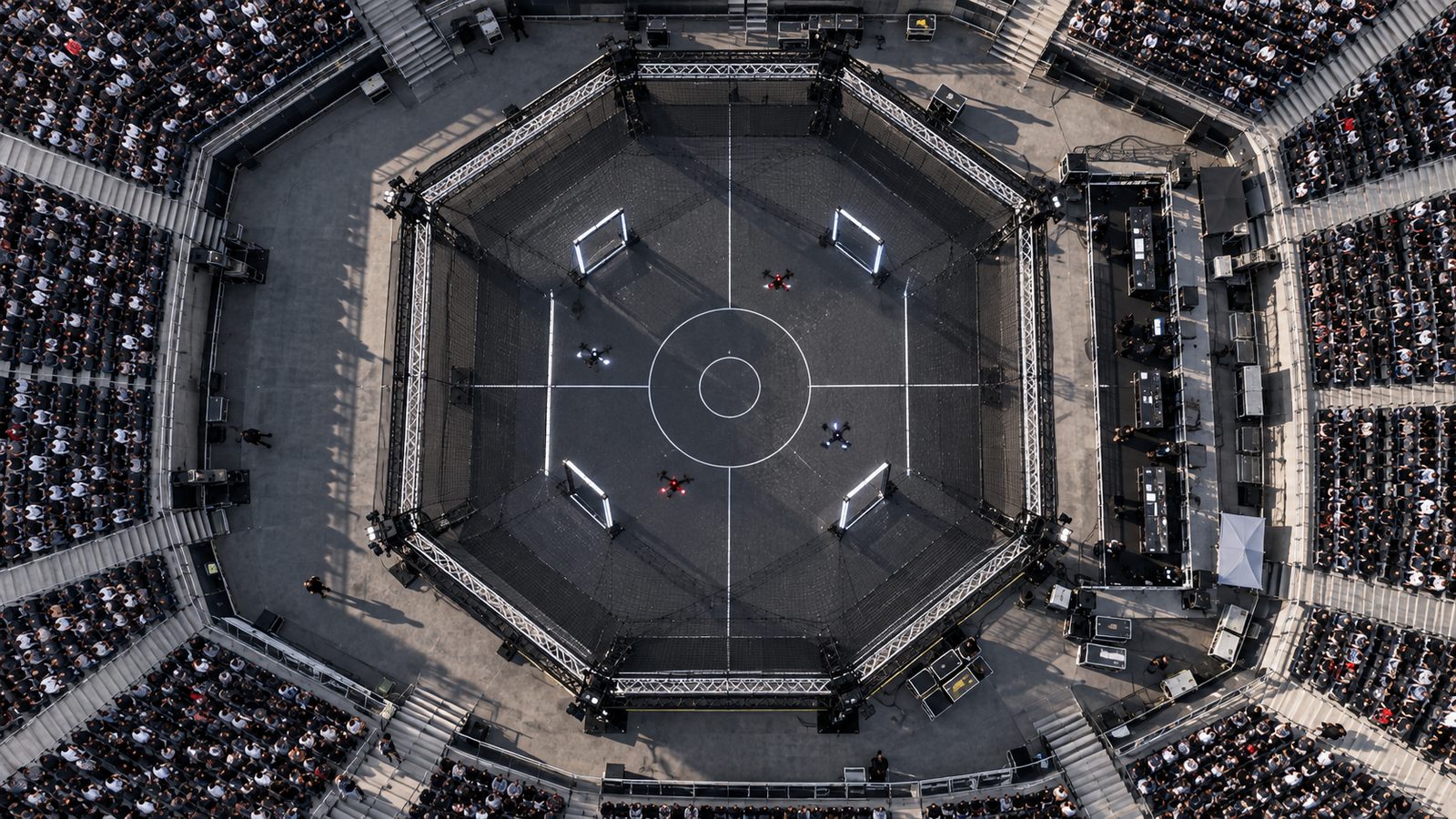 Hexagonal netted arena seen from directly above inside a grandstand