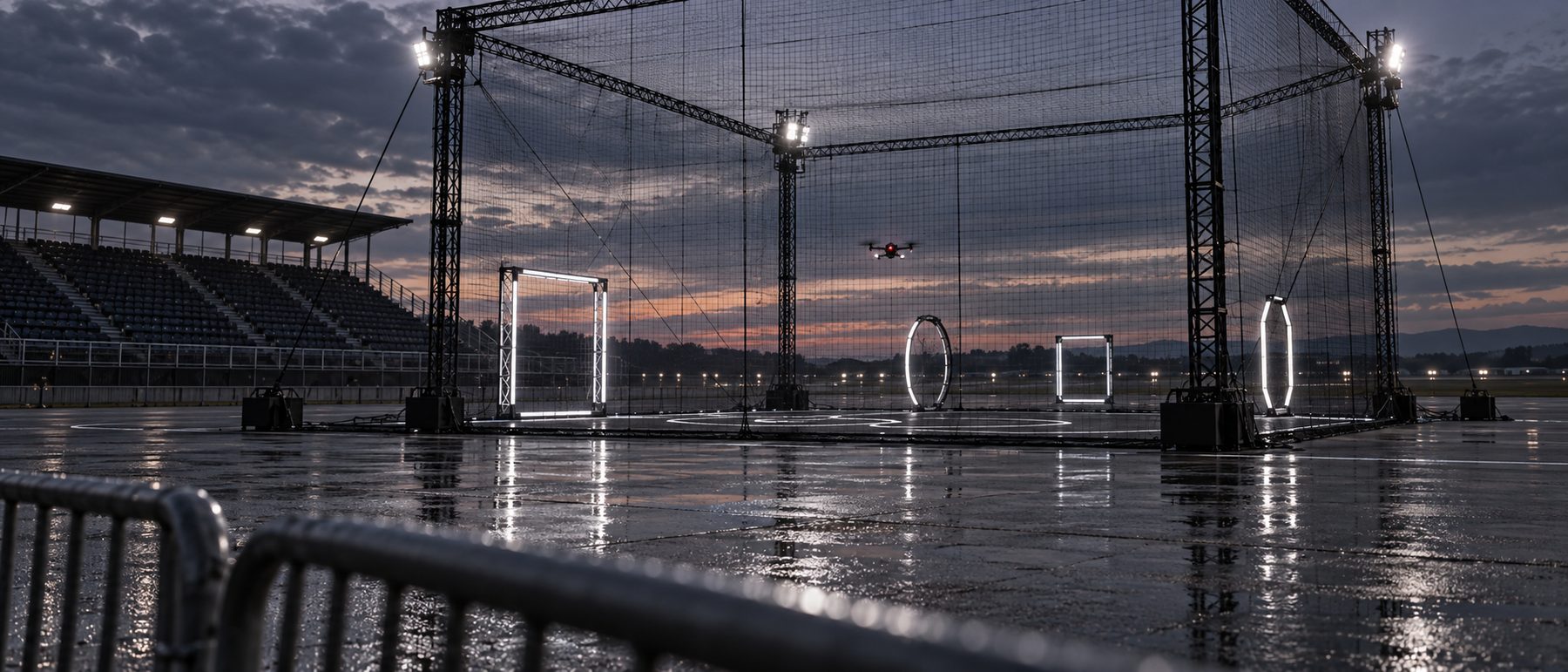 Drone combat arena at dusk, empty grandstand behind