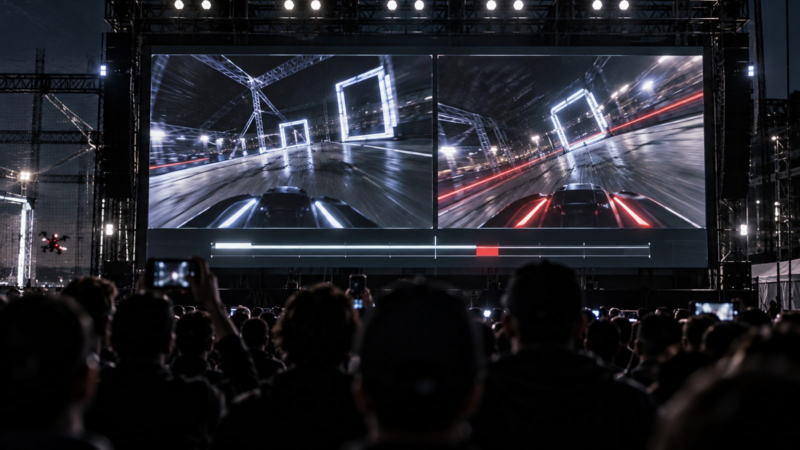 Crowd watching a split-screen FPV broadcast on a venue screen