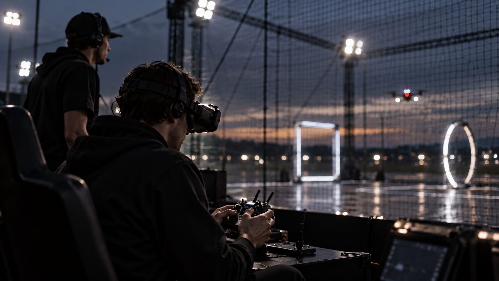 FPV pilot in goggles at the flight station with a spotter beside