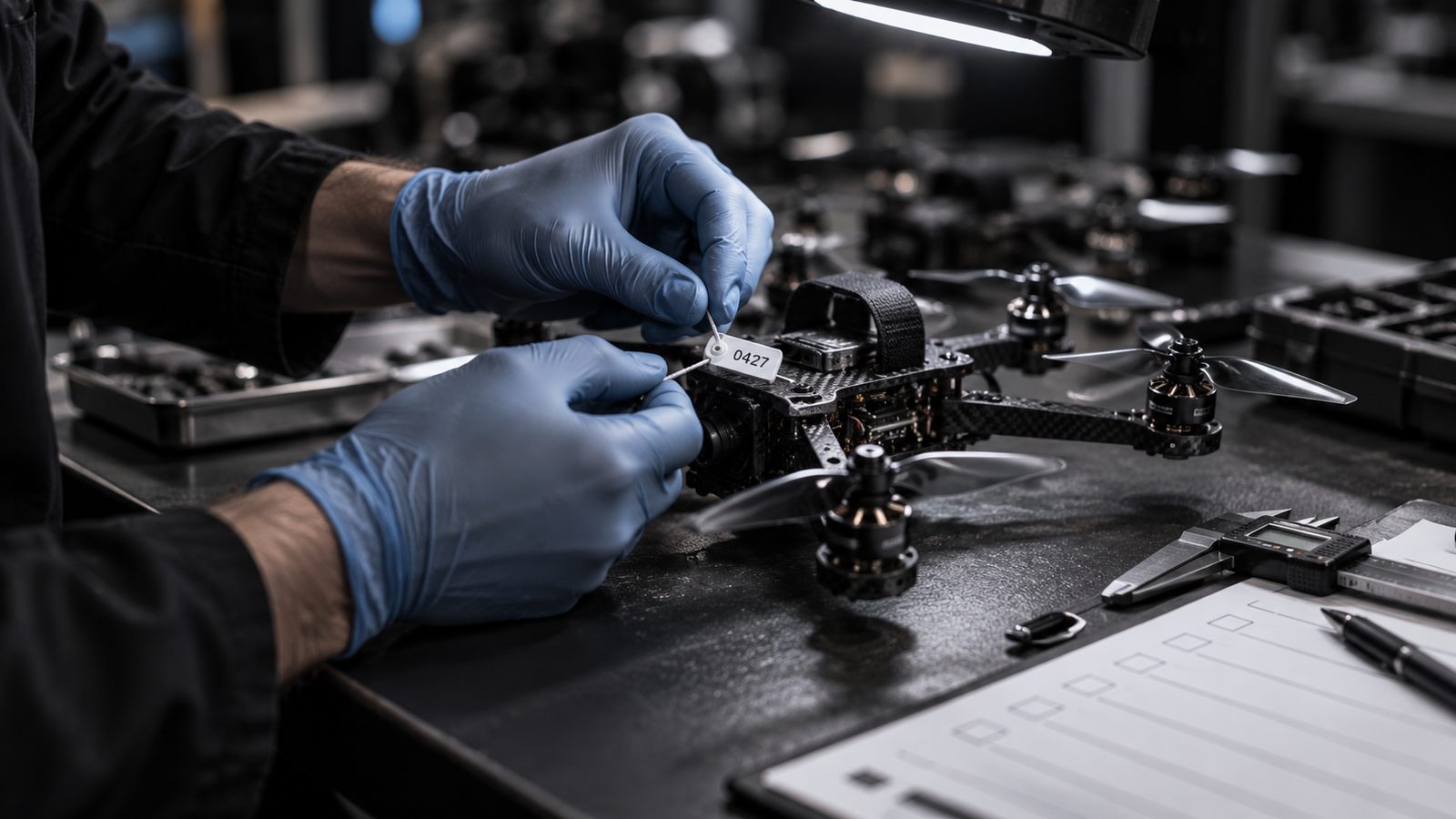 Inspector fitting a numbered tamper seal to a racing quadcopter